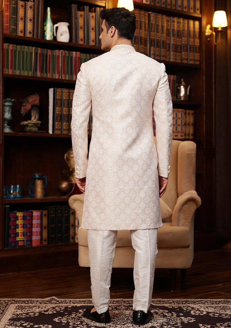 Gold Embroidered Jacquard Sherwani Set For Men - Indya