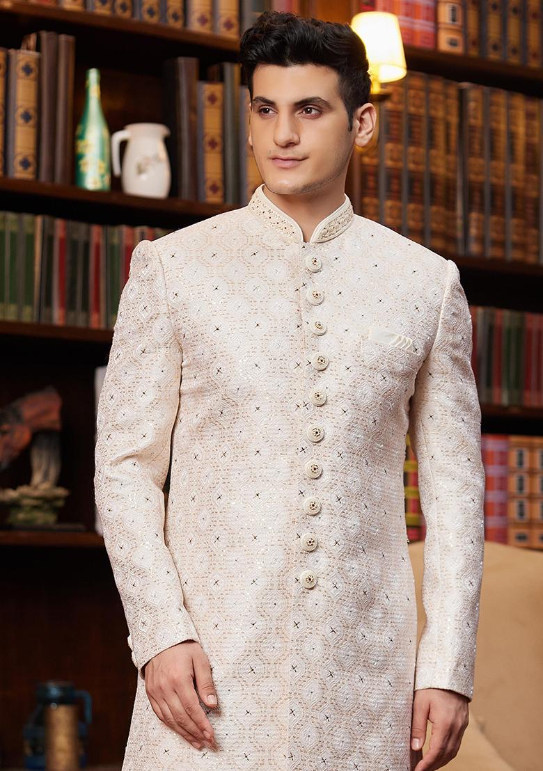 Gold Embroidered Jacquard Sherwani Set For Men