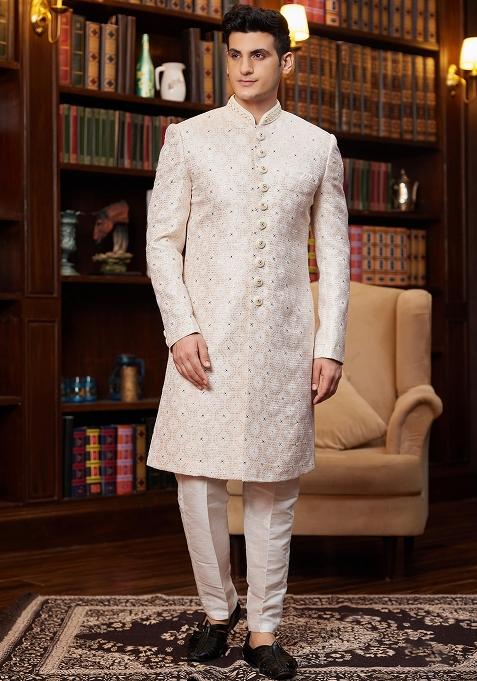 Gold Embroidered Jacquard Sherwani Set For Men