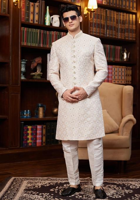 Gold Embroidered Jacquard Sherwani Set For Men