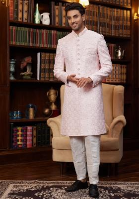 Firozi Green Embroidered Jacquard Sherwani Set For Men