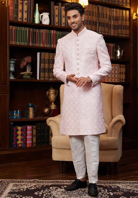 Firozi Green Embroidered Jacquard Sherwani Set For Men — view on Indya