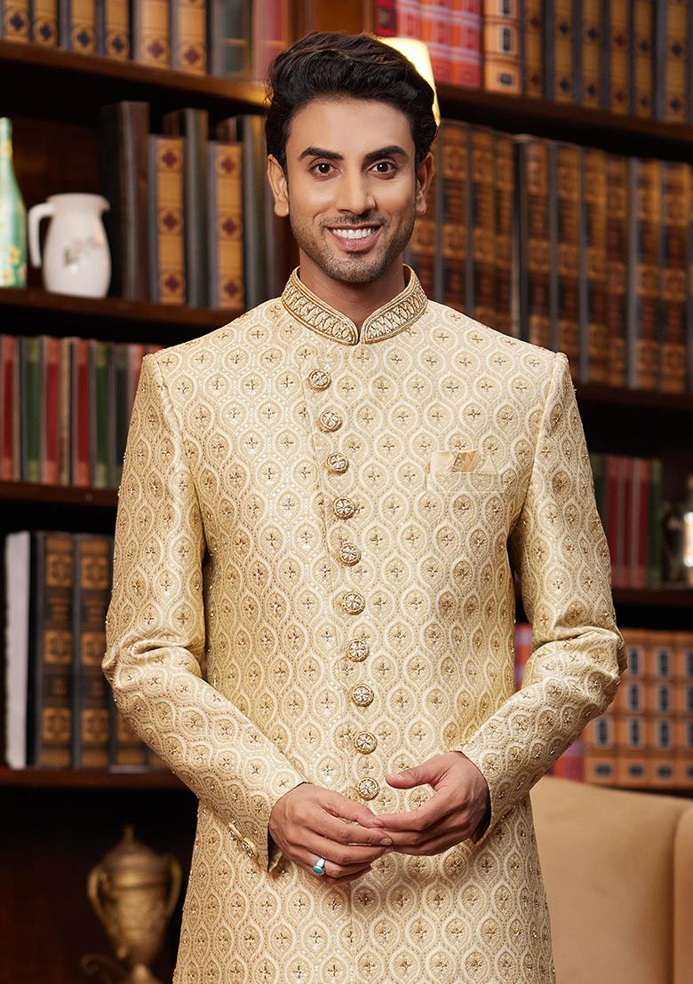 Light Grey Embroidered Jacquard Sherwani Set For Men - Indya