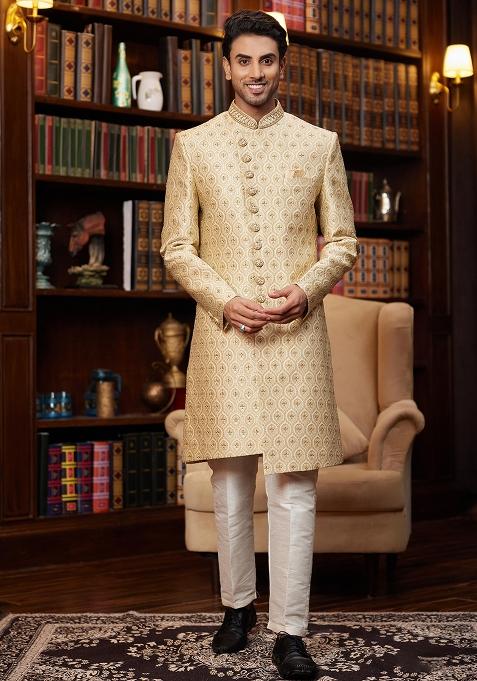 Light Grey Embroidered Jacquard Sherwani Set For Men — view on Indya