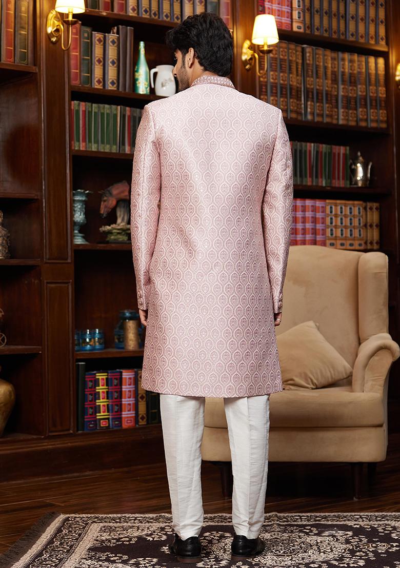 Light Gold Embroidered Jacquard Sherwani Set For Men