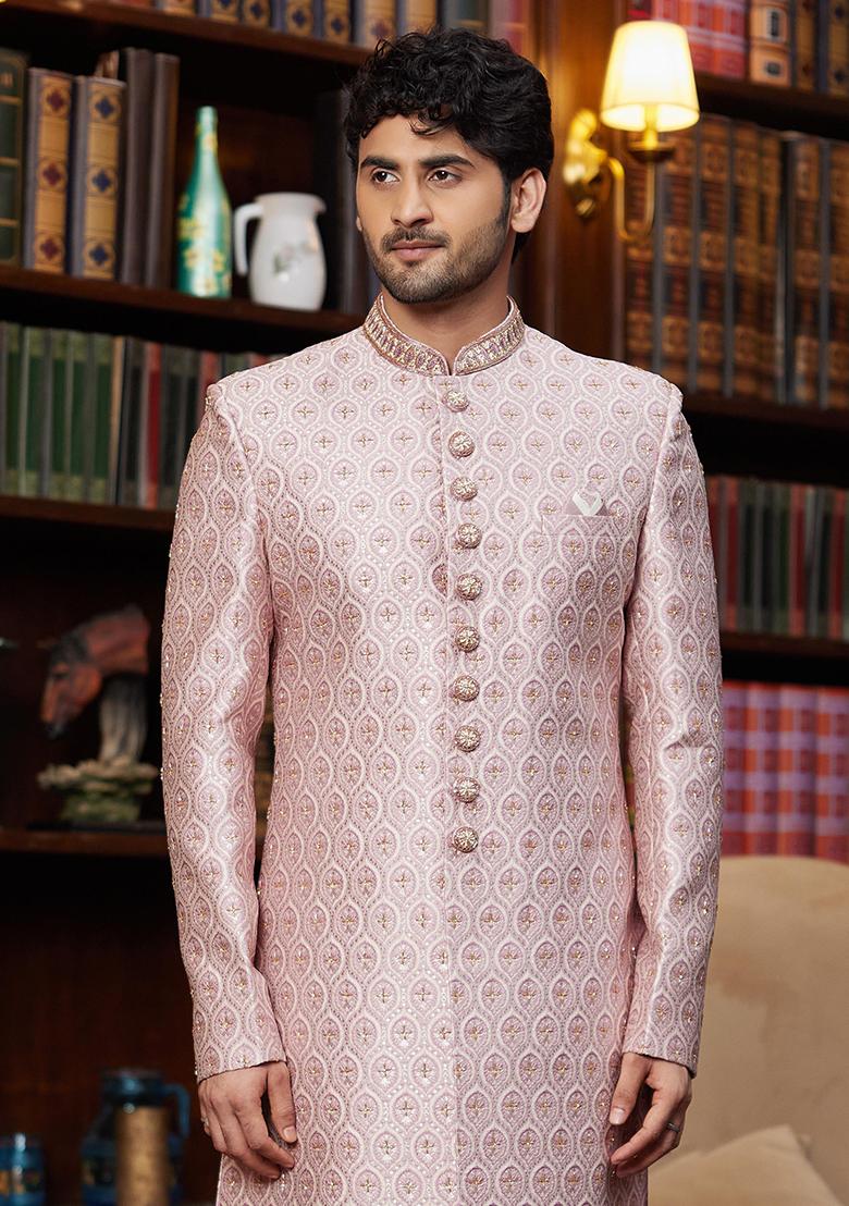 Light Gold Embroidered Jacquard Sherwani Set For Men - Indya