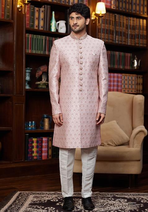 Light Gold Embroidered Jacquard Sherwani Set For Men