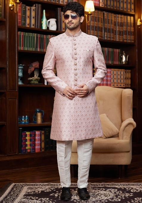 Light Gold Embroidered Jacquard Sherwani Set For Men