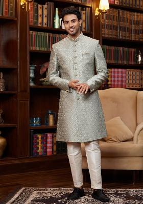 Blue Embroidered Jacquard Sherwani Set For Men