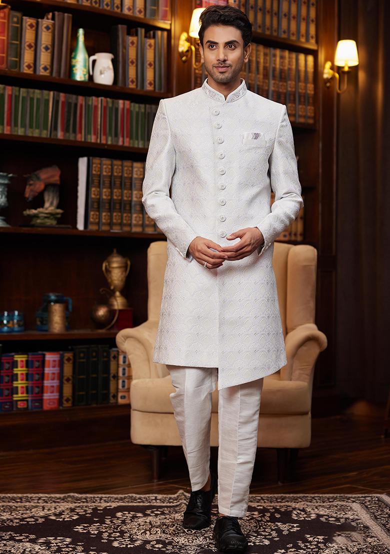 Green Embroidered Jacquard Sherwani Set For Men