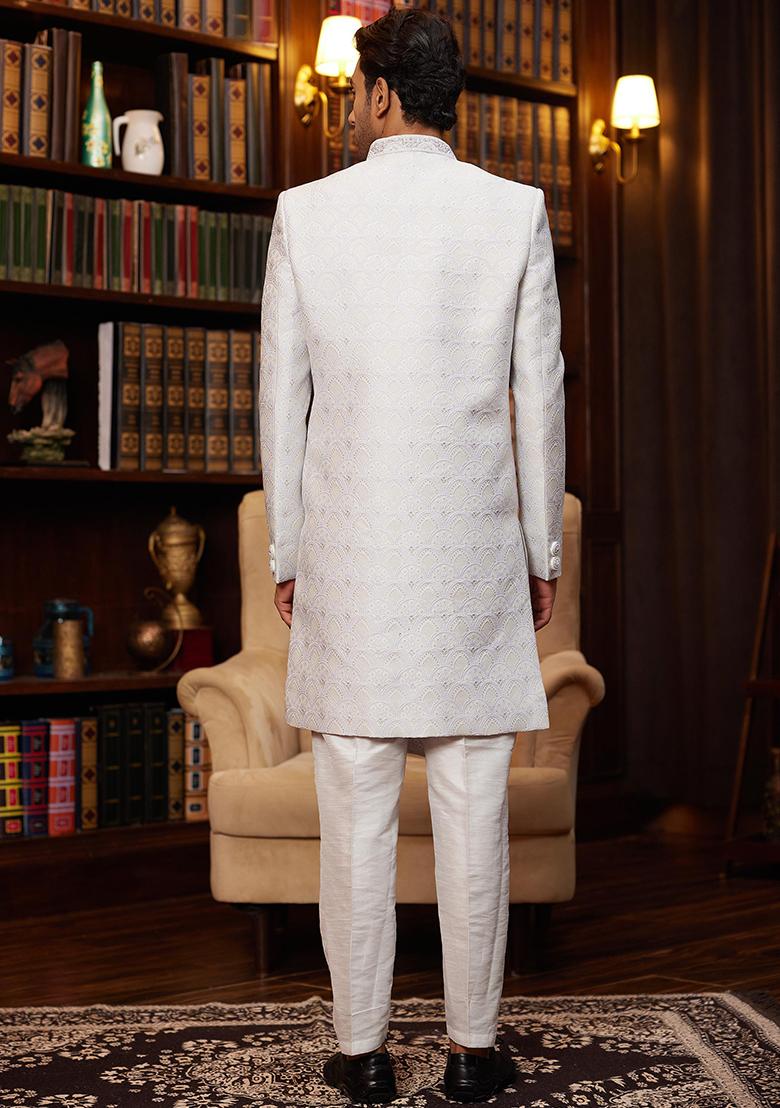 Green Embroidered Jacquard Sherwani Set For Men