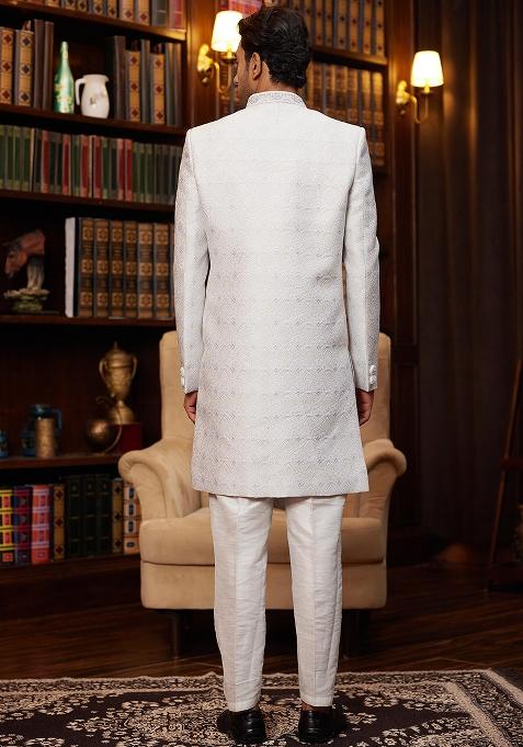 Green Embroidered Jacquard Sherwani Set For Men