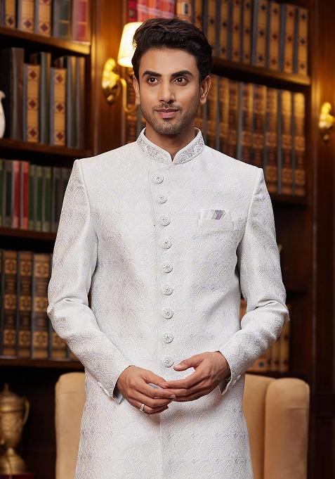 Green Embroidered Jacquard Sherwani Set For Men