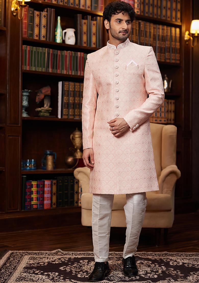Black Embroidered Jacquard Sherwani Set For Men