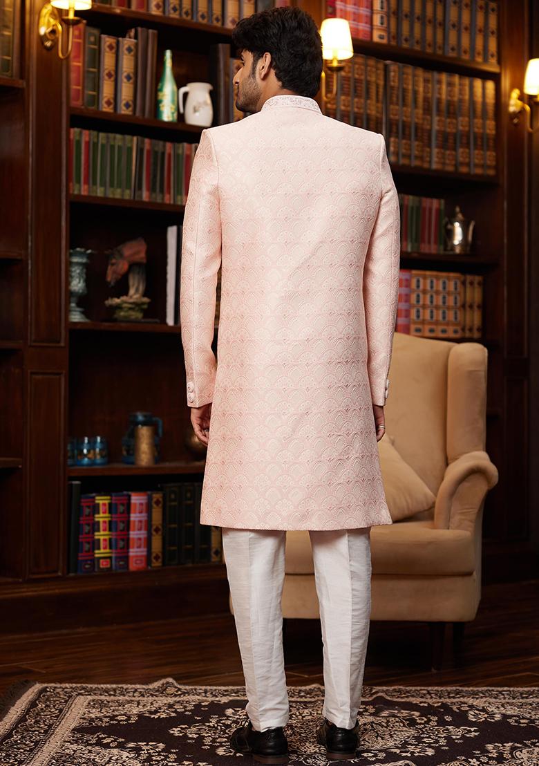 Black Embroidered Jacquard Sherwani Set For Men