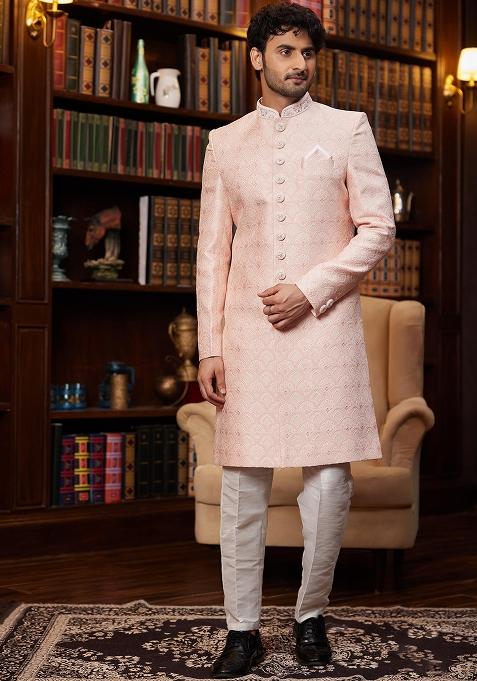 Black Embroidered Jacquard Sherwani Set For Men