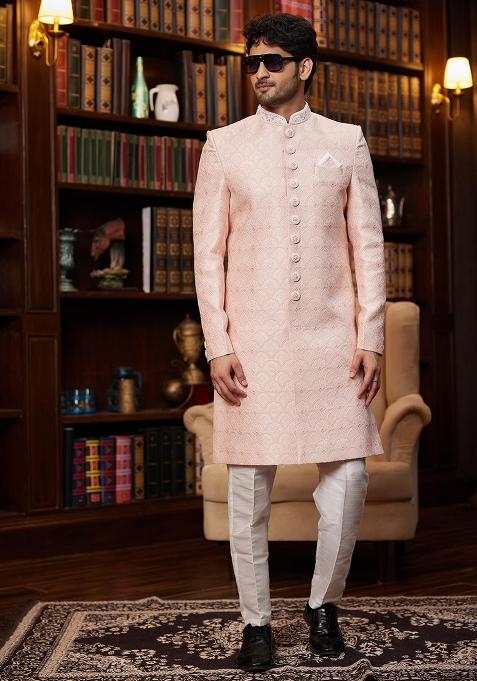 Black Embroidered Jacquard Sherwani Set For Men