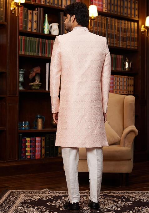 Black Embroidered Jacquard Sherwani Set For Men