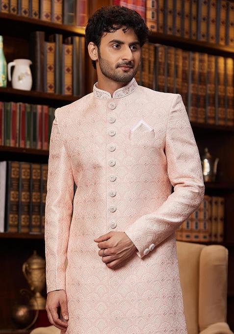 Black Embroidered Jacquard Sherwani Set For Men