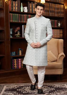 Sky Blue Embroidered Jacquard Sherwani Set For Men