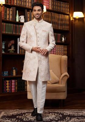 Grey Embroidered Jacquard Kurta Set For Men