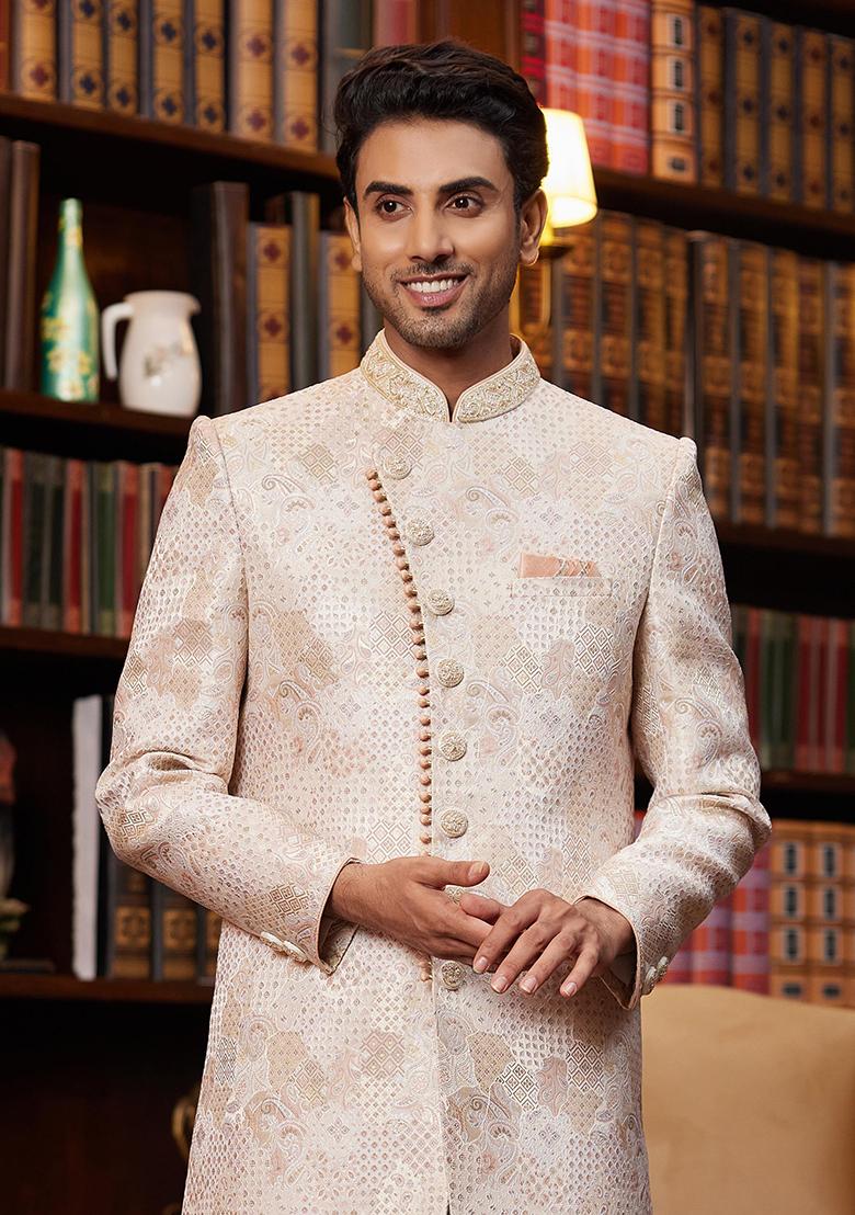 Grey Embroidered Jacquard Kurta Set For Men - Indya