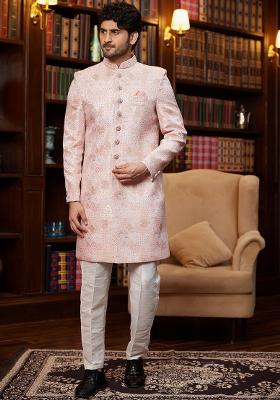 Onion Embroidered Jacquard Kurta Set For Men