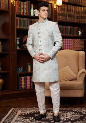 Grey Embroidered Jacquard Kurta Set For Men
