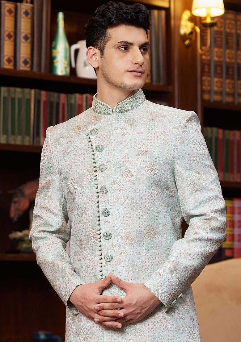 Grey Embroidered Jacquard Kurta Set For Men - Indya