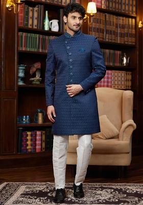 Navy Blue Embroidered Jacquard Kurta Set For Men