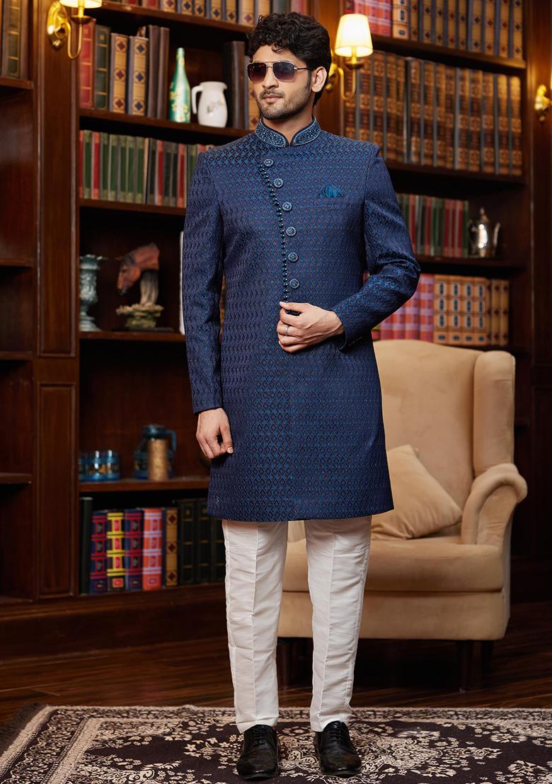 Navy Blue Embroidered Jacquard Kurta Set For Men
