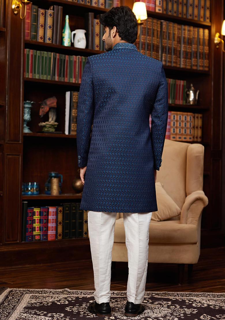 Navy Blue Embroidered Jacquard Kurta Set For Men