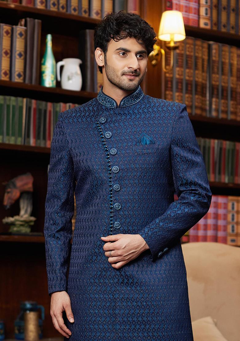 Navy Blue Embroidered Jacquard Kurta Set For Men