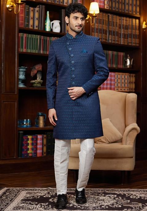 Navy Blue Embroidered Jacquard Kurta Set For Men