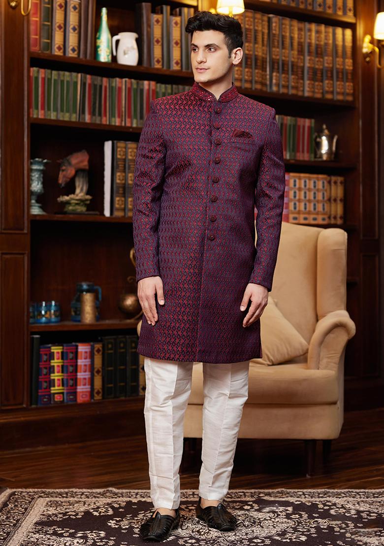 Red Embroidered Jacquard Kurta Set For Men