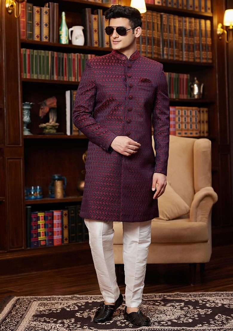 Red Embroidered Jacquard Kurta Set For Men