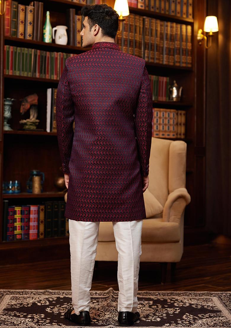 Red Embroidered Jacquard Kurta Set For Men