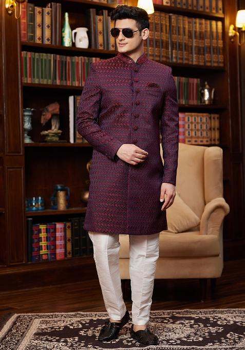 Red Embroidered Jacquard Kurta Set For Men