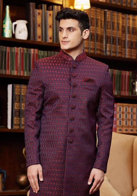 Red Embroidered Jacquard Kurta Set For Men