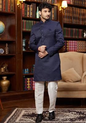 Dark Blue Embroidered Jacquard Kurta Set For Men