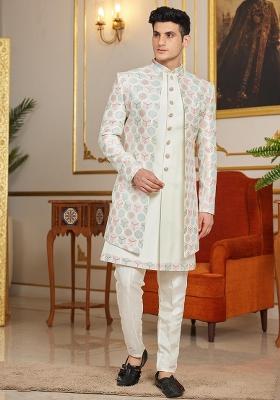 Cream Embroidered Art Silk Kurta Set For Men