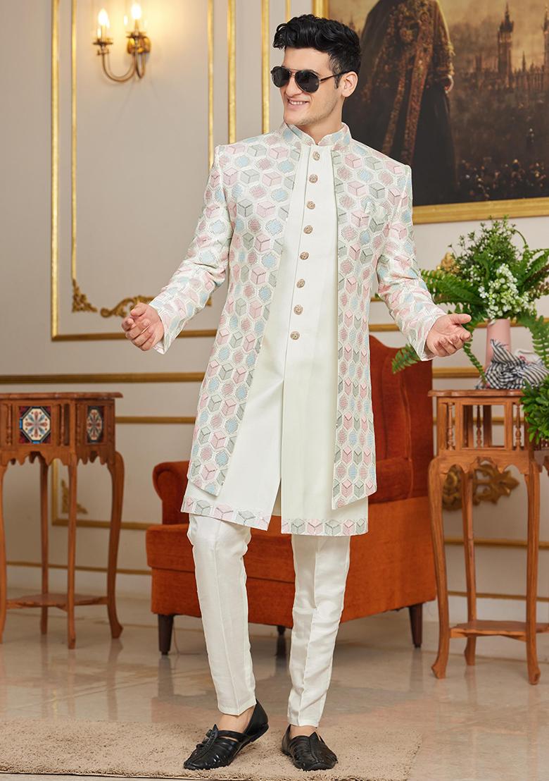 Cream Embroidered Art Silk Kurta Set For Men - Indya