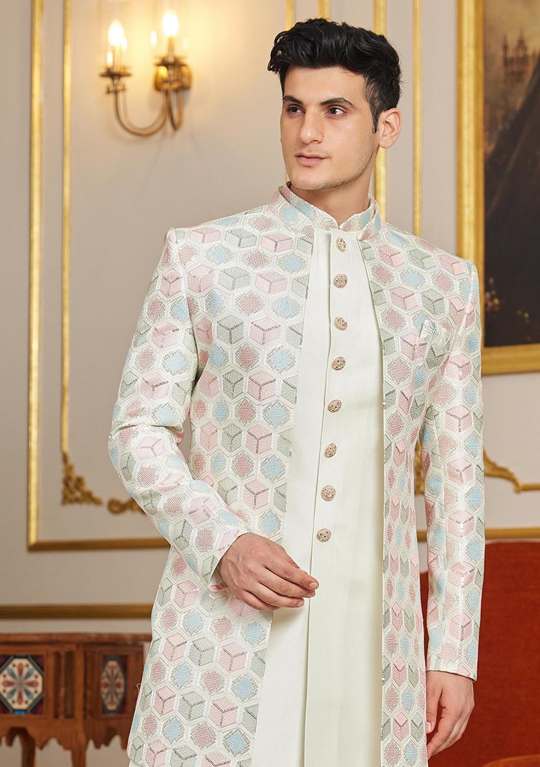 Cream Embroidered Art Silk Kurta Set For Men - Indya