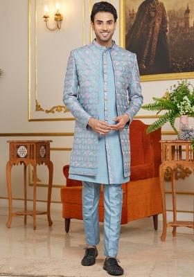 Onion Pink Embroidered Art Silk Kurta Set For Men