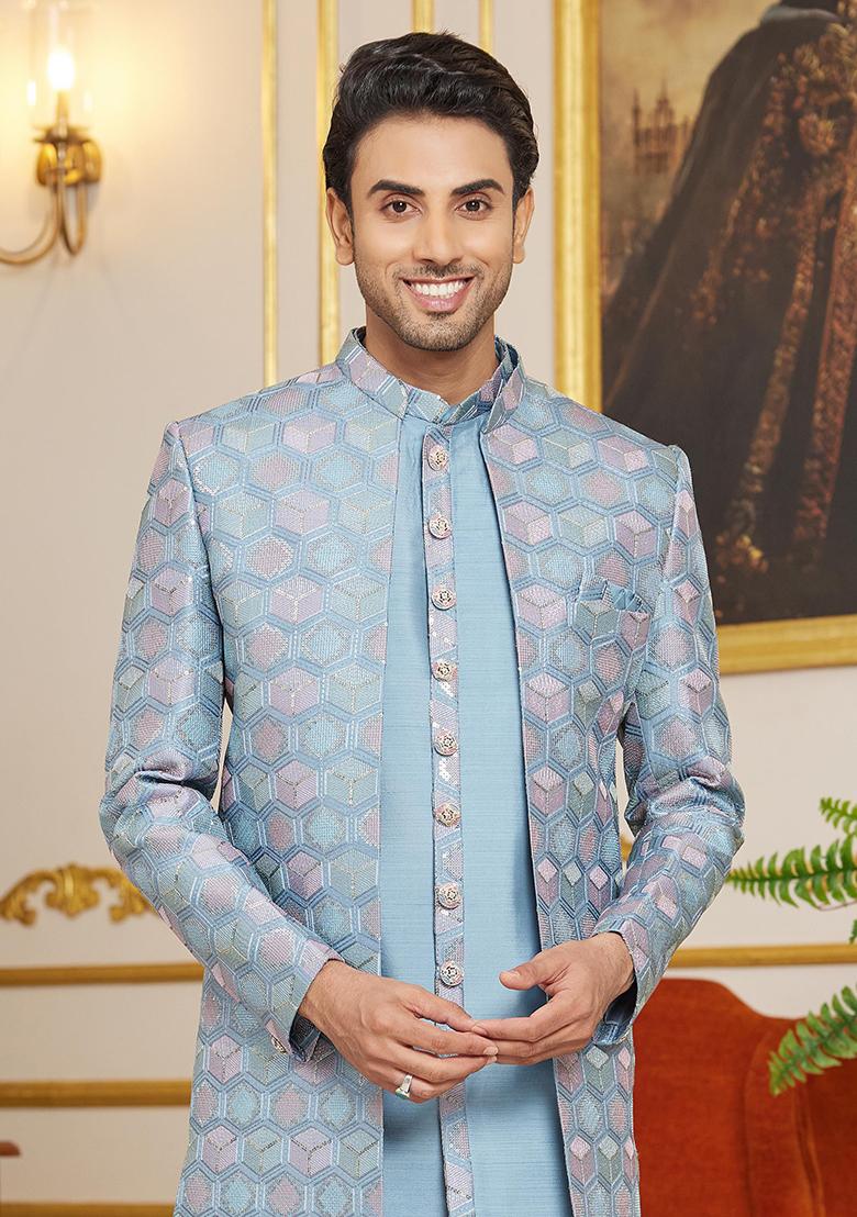 Onion Pink Embroidered Art Silk Kurta Set For Men - Indya