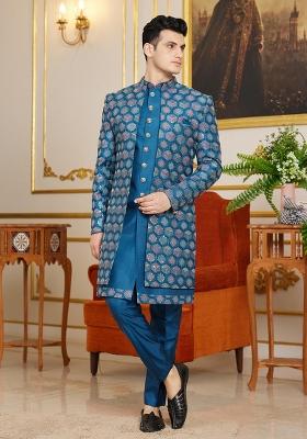 Dark Blue Embroidered Art Silk Kurta Set For Men