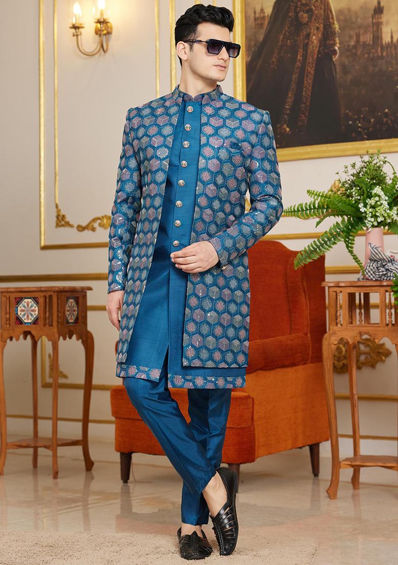 Dark Blue Embroidered Art Silk Kurta Set For Men