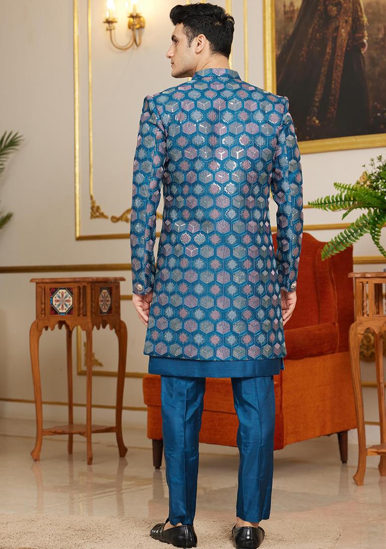 Dark Blue Embroidered Art Silk Kurta Set For Men