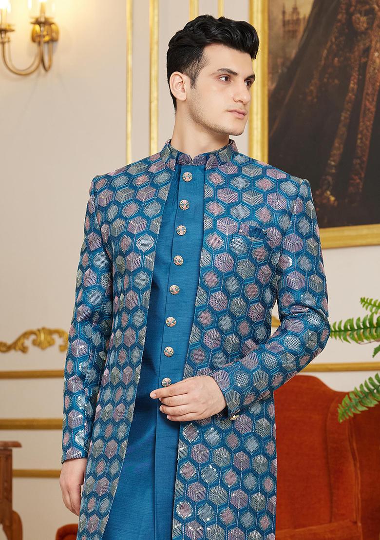 Dark Blue Embroidered Art Silk Kurta Set For Men