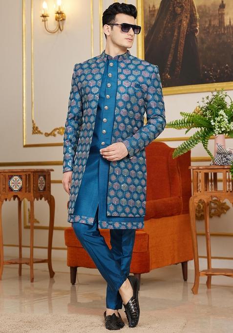 Dark Blue Embroidered Art Silk Kurta Set For Men